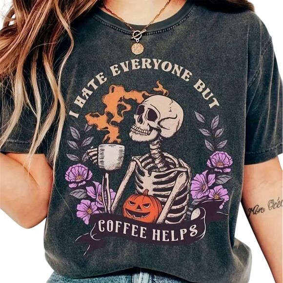 New with tags Tops - I Hate Everyone But Coffee Helps Skeleton Halloween T-Shirt Gray Unisex S